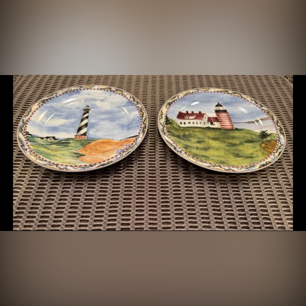 2 American Atelier Signals Salad Dessert Plates Lighthouses 8" Nautical Coastal